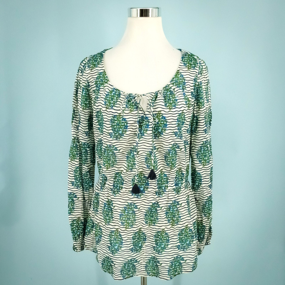 Tory Burch Size 8 Evelina Cotton Voile Stripe Floral Print Scoop Tie Cotton Top